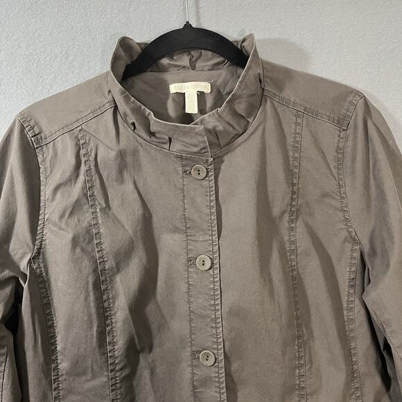 Eileen Fisher Womens Ruffle Collar Jacket Medium Tan Stretch Button Down‎ Blazer - Picture 2 of 11